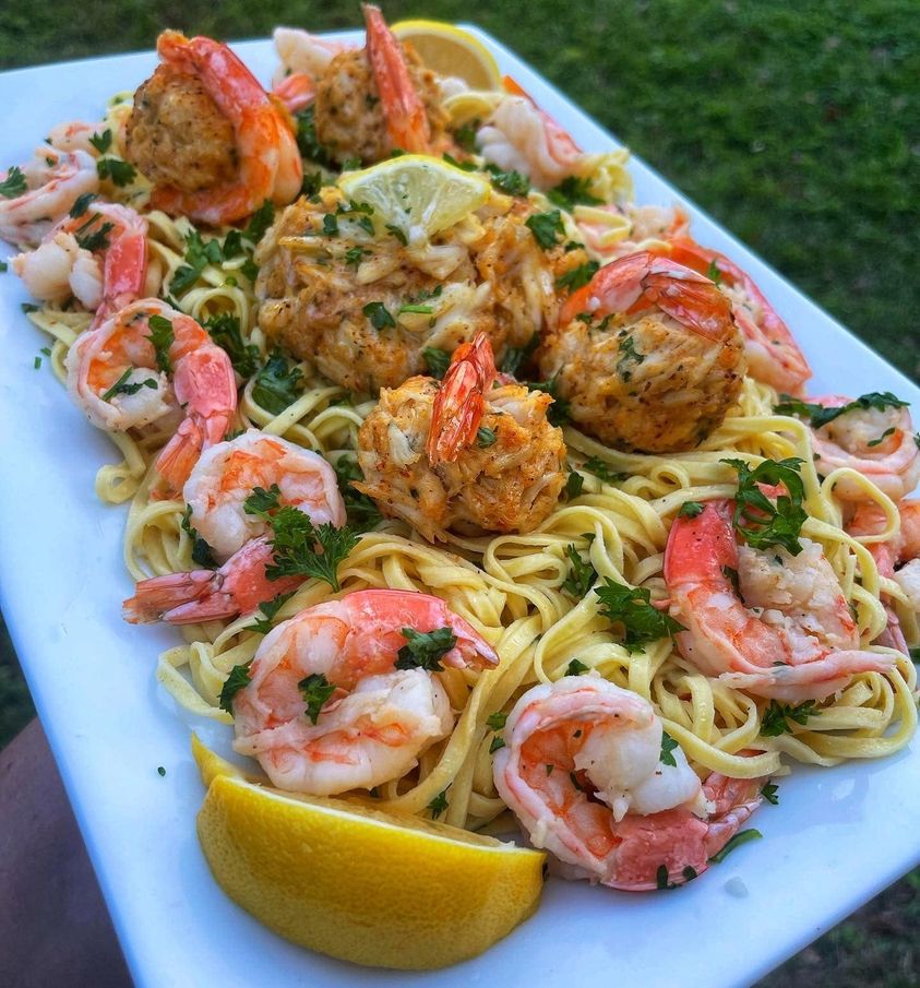 Crab Cake Stuffed Shrimp Scampi