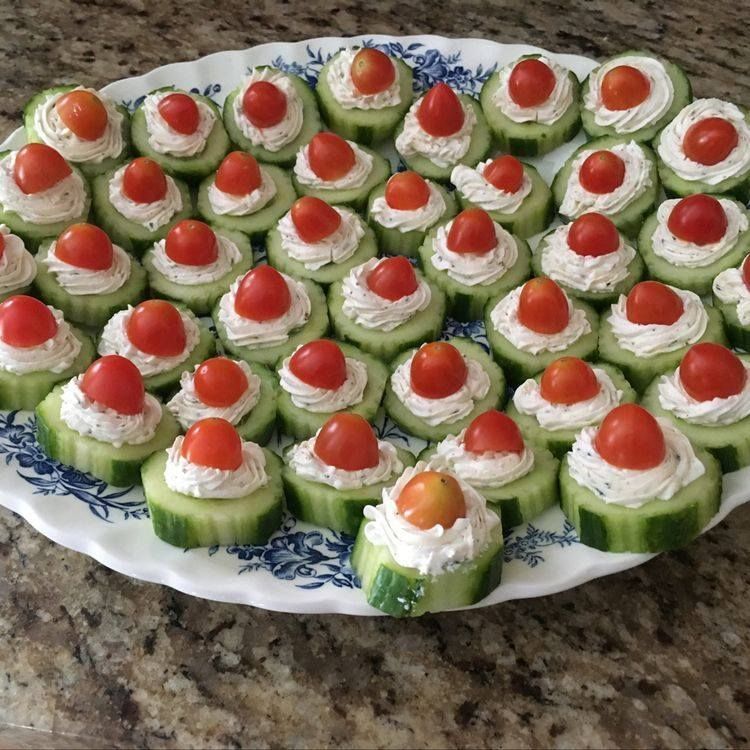 CUCUMBER BITES WITH HERB CREAM CHEESE AND CHERRY TOMATOES