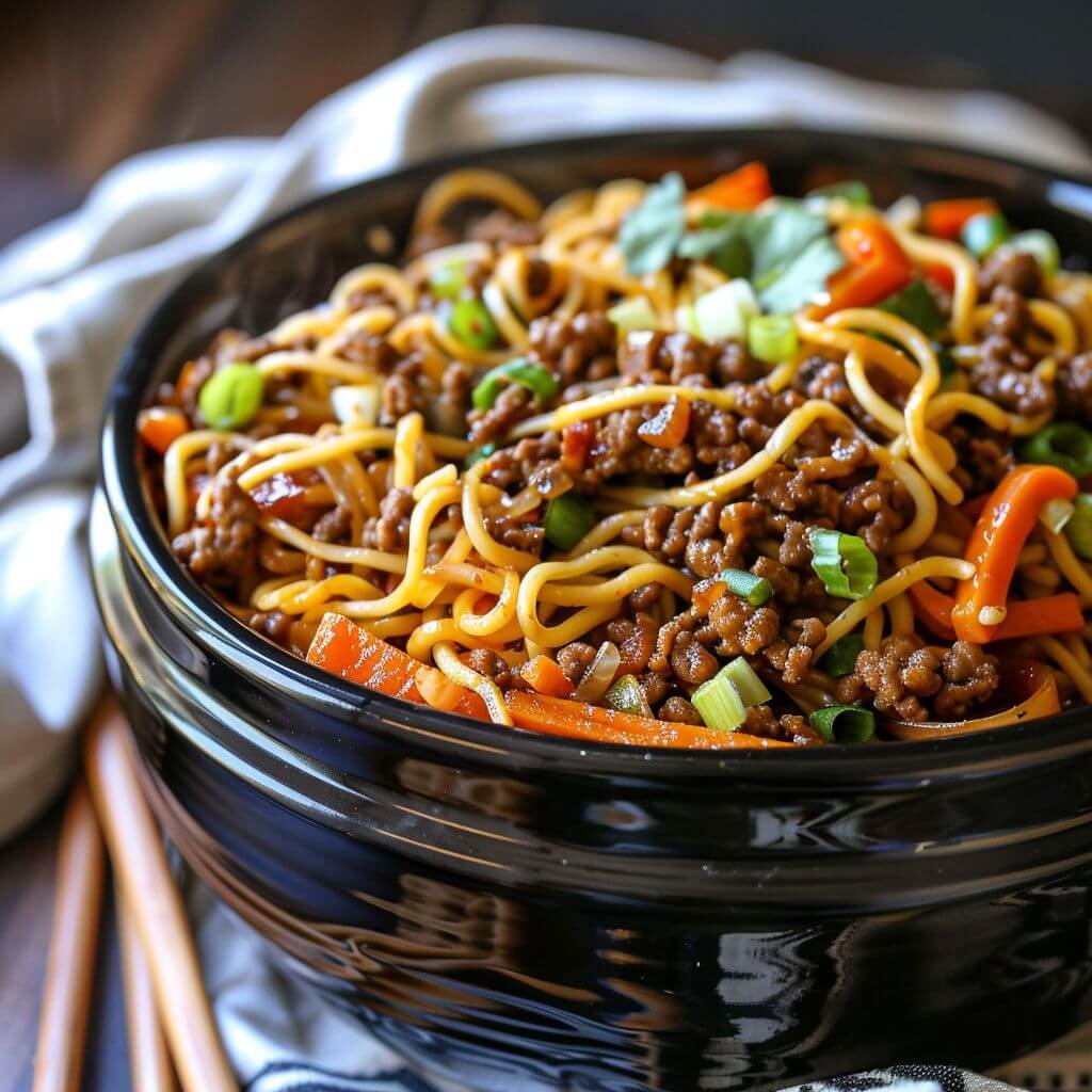 Slow Cooker Mongolian Ground Beef Chow Mein