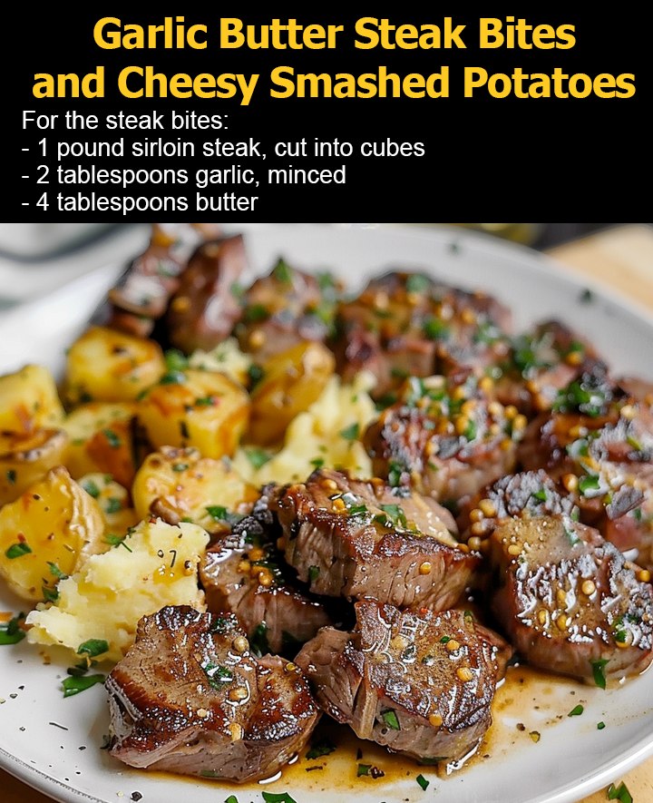 Garlic Butter Steak Bites & Cheesy Smashed Potatoes