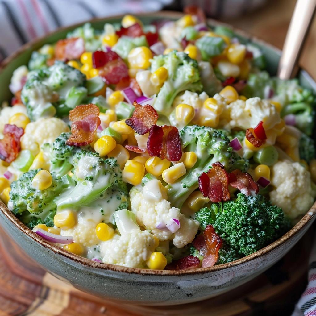 Creamy Broccoli, Cauliflower, Corn, Bacon Salad