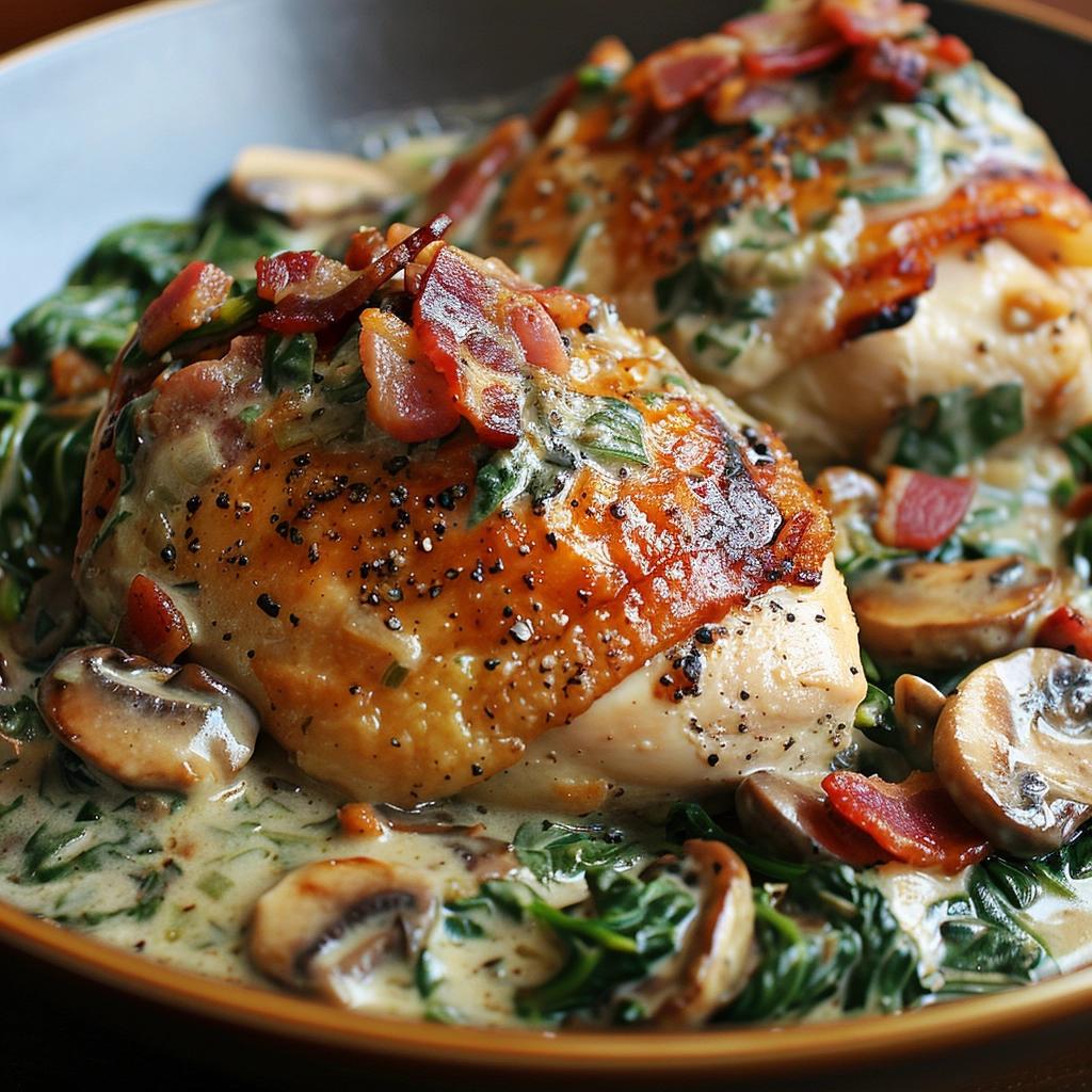 Smothered Chicken with Creamed Spinach Bacon & Mushrooms