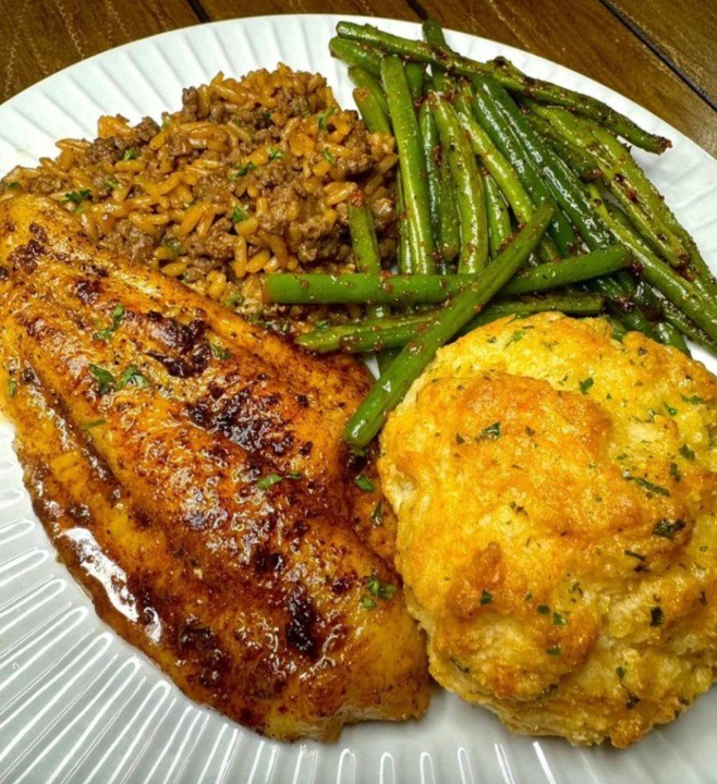 Pan Seared Catfish, Dirty Rice, Cheddar Bay Biscuits and Green Beans