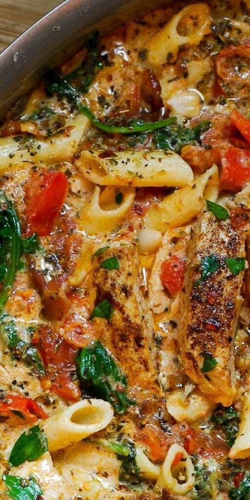 One Pot Creamy Sun Dried Tomato and Spinach Pasta with Chicken