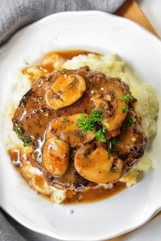 Salisbury Steak with Garlic Mashed Potatoes and Mushroom Gravy